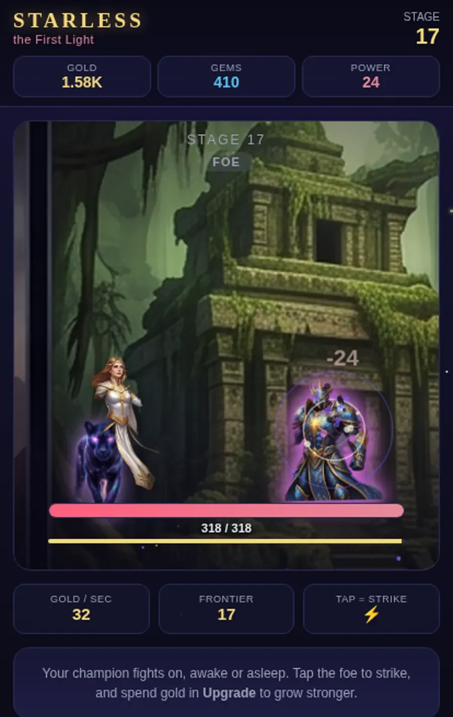 Starless combat on a phone: a champion and her panther familiar facing a foe in overgrown ruins, health bar and gold-per-second on screen.