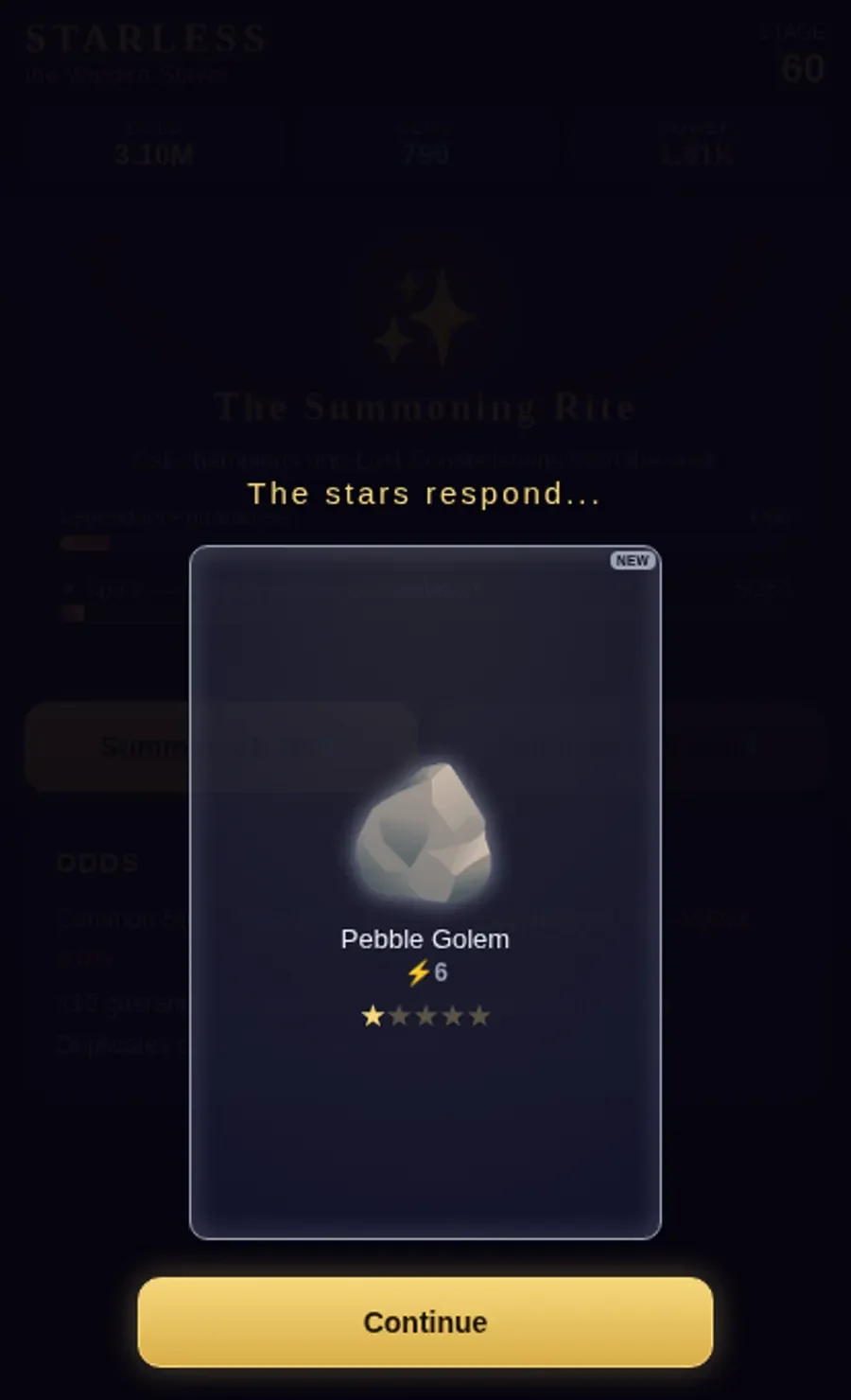 A Starless summon result on a phone: a one-star common Pebble Golem, with the odds panel behind it.